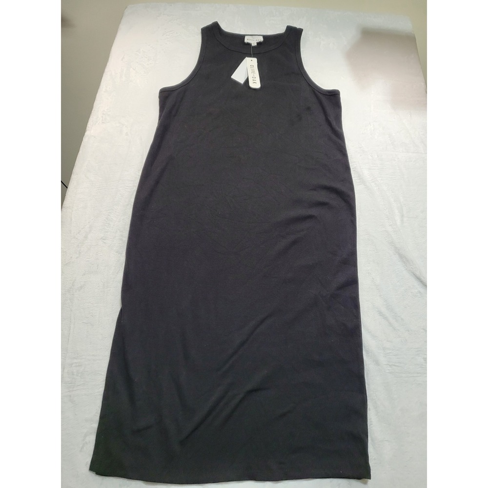 NWT Olive + Oak Midi Tank Dress Womens 1X Black Ribbed Knit Side Slit